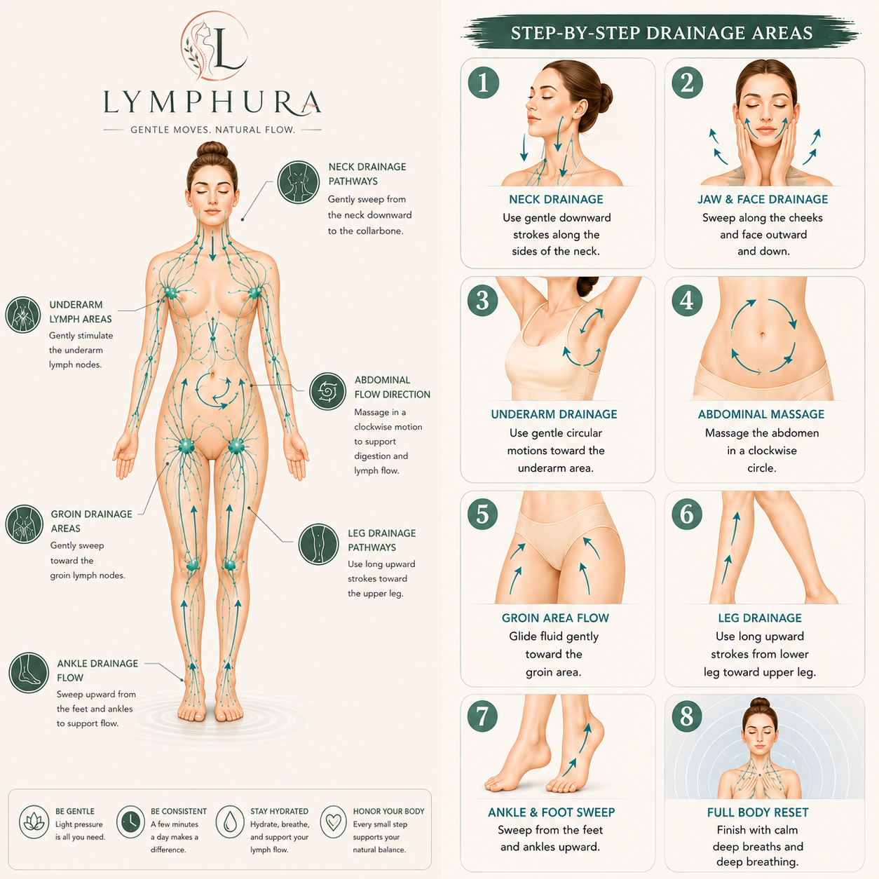 Full body lymphatic drainage guide with step-by-step areas